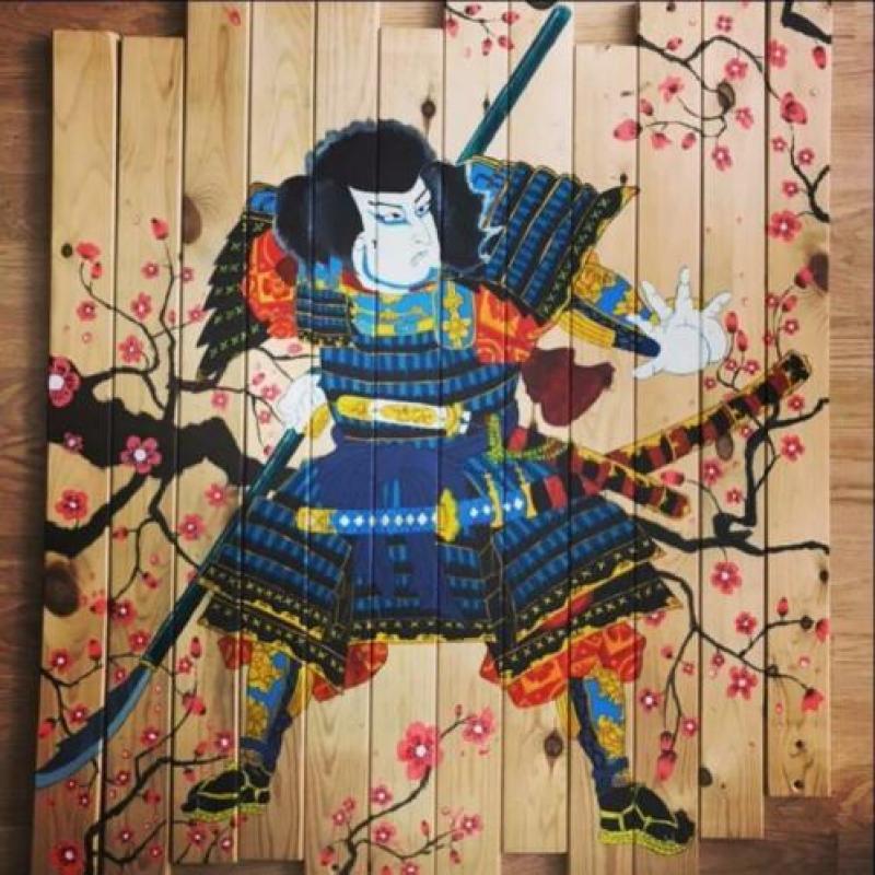 Uniek schilderij ''Samurai'' op hout 80x100cm