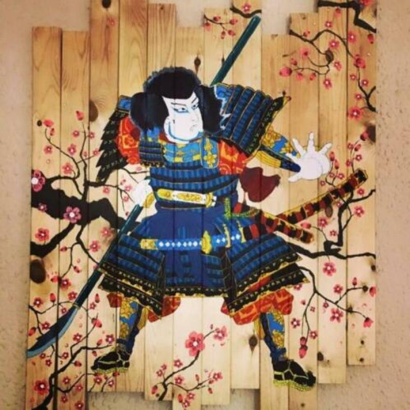 Uniek schilderij ''Samurai'' op hout 80x100cm