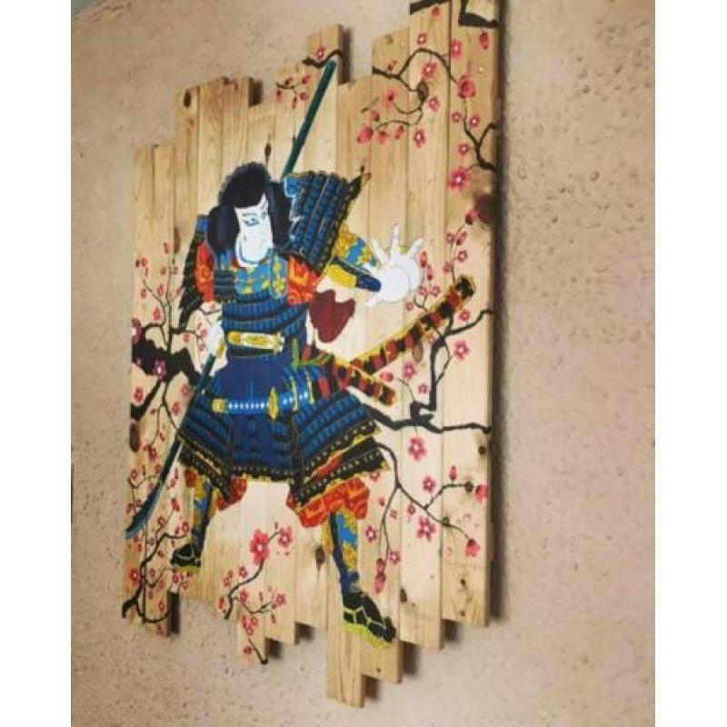 Uniek schilderij ''Samurai'' op hout 80x100cm