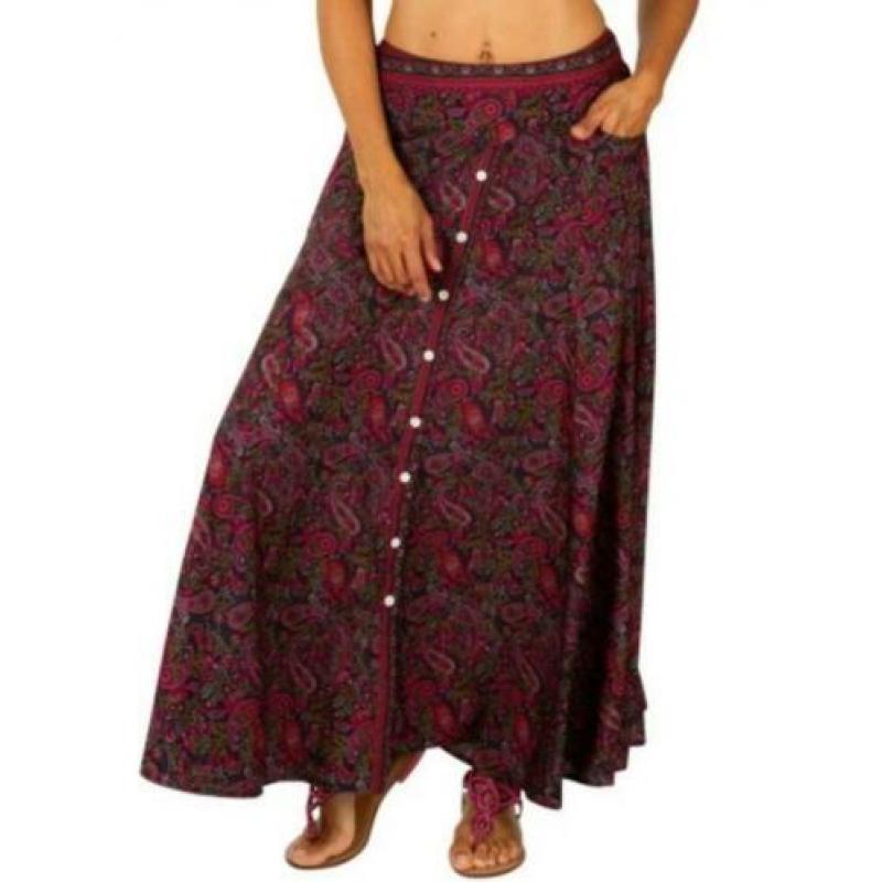 Gipsy hippie boho maxi door knoop rok donkerrood met print