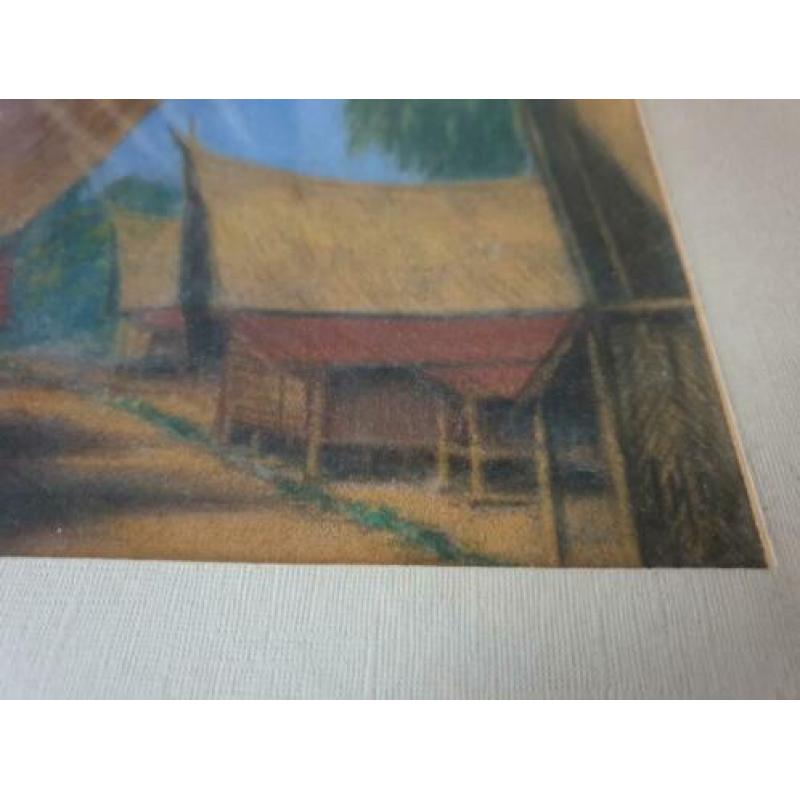 Indië, Indonesie, pastel krijt tekening, paalhuizen Sumatra