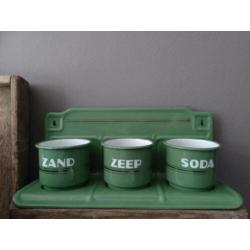 Oud brocante reseda groen emaille rek zand zeep soda*Etage3*