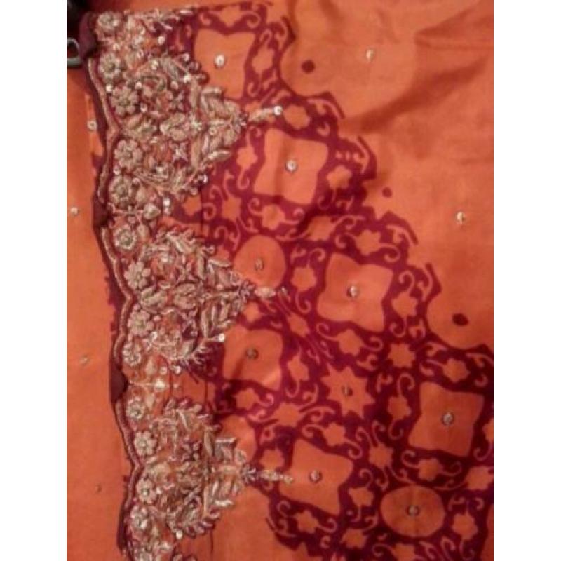 Indiase salwar kameez 3 delige feest pak oranje rood maat S