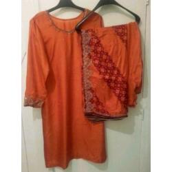 Indiase salwar kameez 3 delige feest pak oranje rood maat S