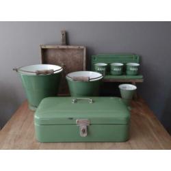 Oud brocante reseda groen emaille rek zand zeep soda*Etage3*