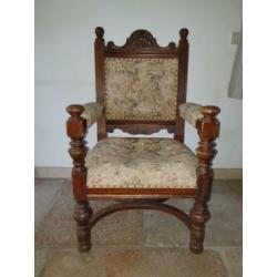 unieke fauteuil antiek, hout gestoffeerd