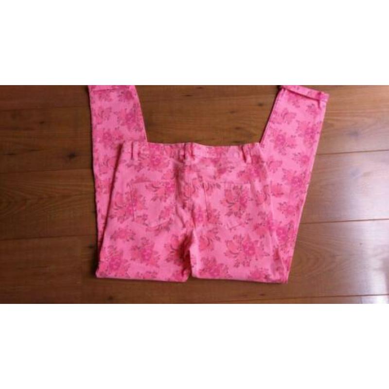 LEUKE/TRENDY roze/oranje stretch skinny met bloemprint mt.40