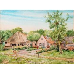 Aquarel van Dorpsgezicht met Boerderij gemaakt door Wim Kern