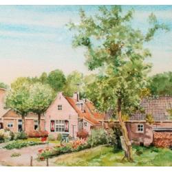 Aquarel van Dorpsgezicht met Boerderij gemaakt door Wim Kern