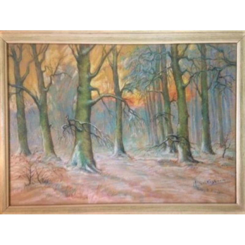 Prachtige pastel. Avondzon in loofbos, M. Bolkestein