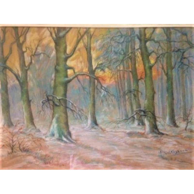 Prachtige pastel. Avondzon in loofbos, M. Bolkestein