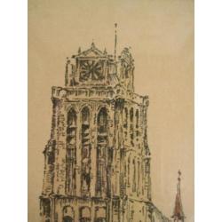 Kleine ingelijste tekening ?van de grote kerk van dordrecht