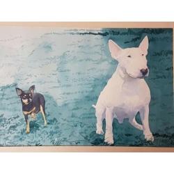 Aquarel van Frans Jongmans 1980 bulterrier en chihuahua.