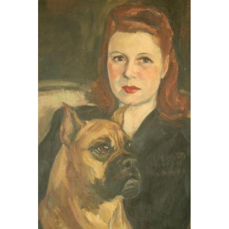 PORTRET van een vrouw met hond==30er jaren werk=gesigneerd =