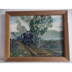 Te koop impressionistisch schilderij van stoomtrein