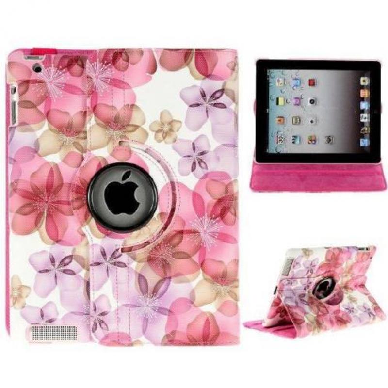 iPad 4 hoes 360 graden roteerbaar PU leder Bloemetjes Roze