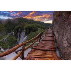 Houten brug fotobehang waterval